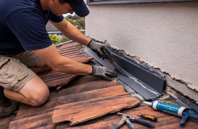 Expert roof repair in Western Sydney by Sydney Gutter Guys replacing roof flashing.