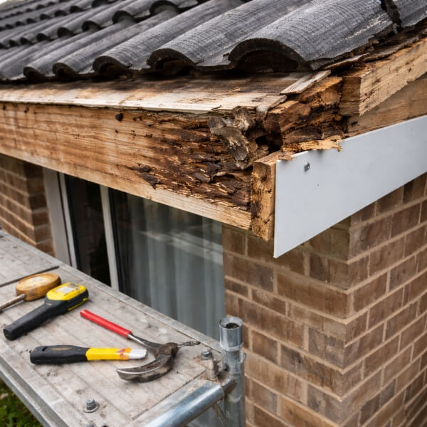 Fascia replacement on a Western Sydney home by Sydney Gutter Guys removing rotted timber boards.