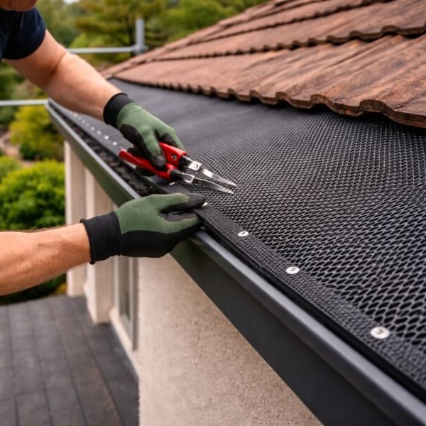 Gutter guard installation in Western Sydney by Sydney Gutter Guys securing mesh protection to a tiled roof.