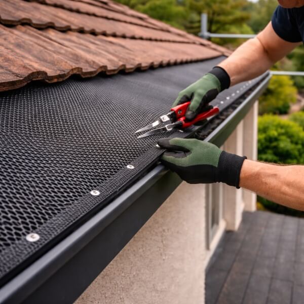 Gutter guard installation on a tiled roof in Western Sydney completed by Sydney Gutter Guys to prevent leaf build up and blockages.