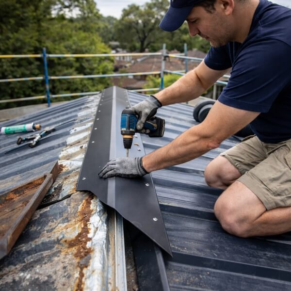 Roof repair in Western Sydney by Sydney Gutter Guys replacing damaged valley flashing on a metal roof to stop leaks.