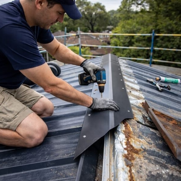 Roof repair in Western Sydney by Sydney Gutter Guys replacing damaged valley flashing on a metal roof.