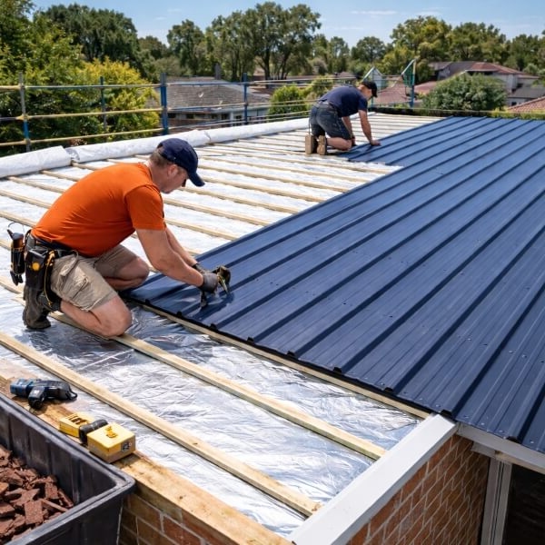 Roof replacement in Western Sydney by Sydney Gutter Guys installing new Colorbond metal roofing sheets on a residential home.