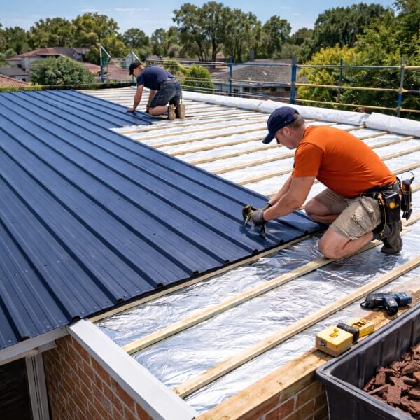 Roof replacement in Western Sydney by Sydney Gutter Guys installing new Colorbond metal roofing.