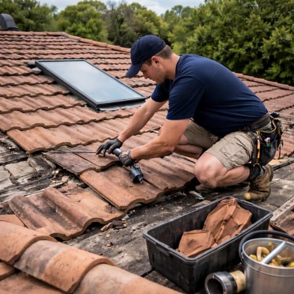 Sydney Gutter Guys carrying out concrete tile roof repairs on a home in Western Sydney.