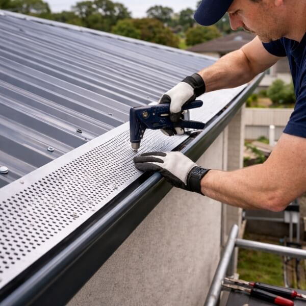 Sydney Gutter Guys installing perforated aluminium gutter guard on a residential home in Western Sydney.