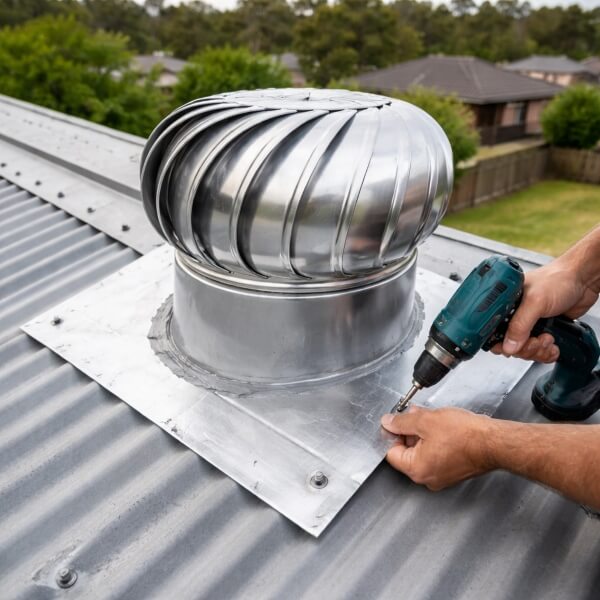 Whirlybird installation Western Sydney by Sydney Gutter Guys on metal roof.
